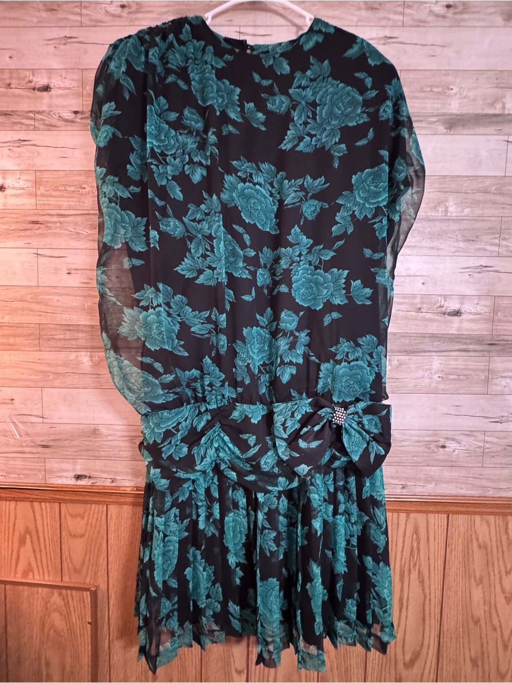 Vintage 80s Gemini Nites Floral Dress Sz 16 Teal Black Drop Waist Pleated Bow IL